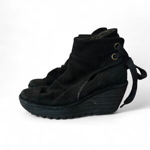 FLY London Yama Black Suede Wedge Ankle Boots Size 37 EU Platform Comfort